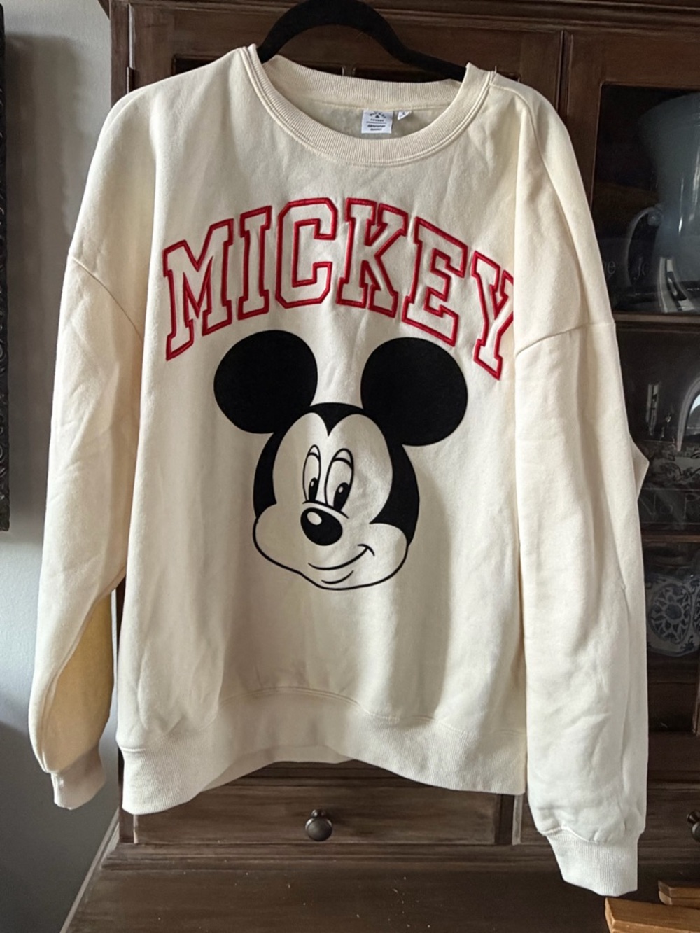 Disney Cream Crewneck with Red 'MICKEY' and Black Mickey Face